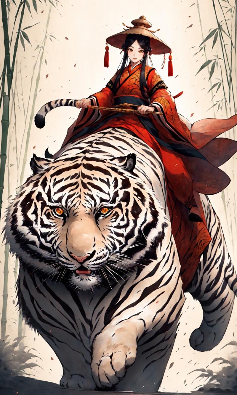 606247209521967939-259212714-A stunning Chinese beauty in traditional Hanfu attire riding a massive tiger, carrying a large gourd,_in the style of Chinese in.jpg